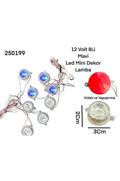 gcstore 12 Volt 4'lü Set Dekor Lamba Mavi Ledli Yapıştırma ve Vidalı İç Dış U...