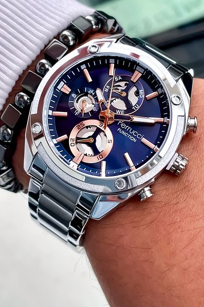 Ferrucci ALL MECHANISMS ACTIVE Steel Case Steel Band Men's Wrist Watch with Bracelet gift