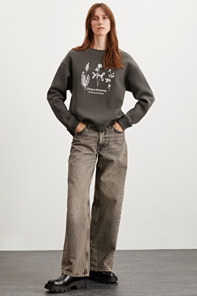 GRIMELANGE Dámská vyšívaná šedá mikina Marena Crew Neck Fleece