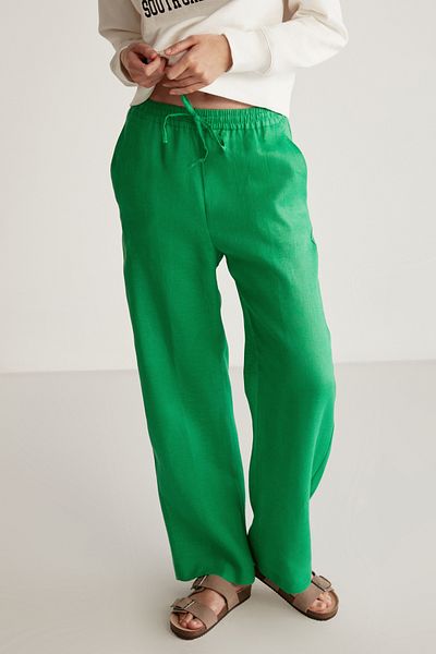 GRIMELANGE Sadıe Women's 100% Linen Relaxed Pattern Green Trousers with Elastic Waist