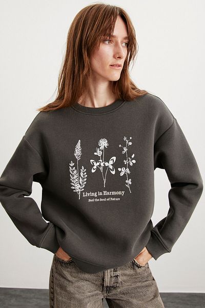 GRIMELANGE Dámská vyšívaná šedá mikina Marena Crew Neck Fleece