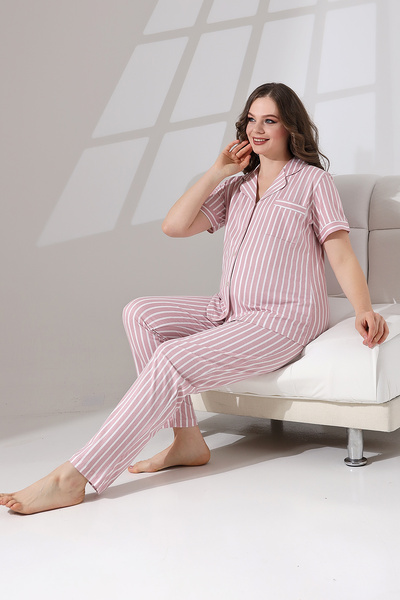 LİKAPA Likapa fésült pamut elöl gombos kismama rövid ujjú pizsama szett, 100% pamut