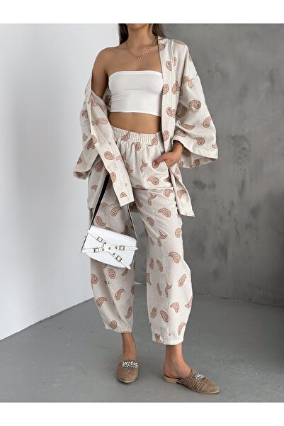 efstyle طقم شال منسوج من الكتان بنقشة الكيمونو والسراويل المطاطية