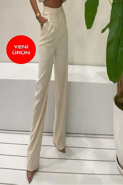 Perryes Women's Ecru High Waist Wide Leg/Wide Leg Striped Woven Trousers