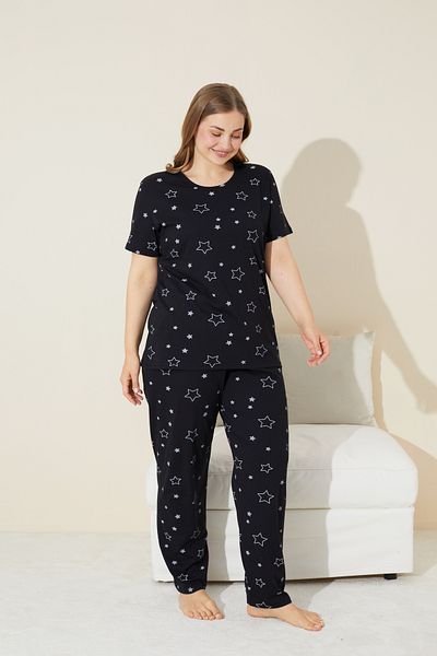 Siyah İnci Plus Size Black Star Patterned Cotton Pajamas Set - Curve Short Sleeve Oversize