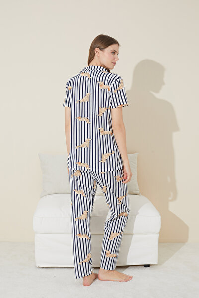 Siyah İnci темно-синій та білий піжамний комплект Orme з копійчаним візерунком на ґудзиках