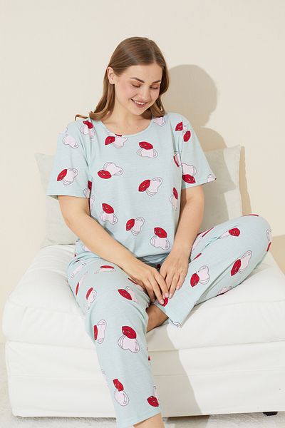 Siyah İnci Πράσινη καρδιά με μοτίβο χειλιών Knitted Curve Plus Size Σετ πιτζάμες King Size