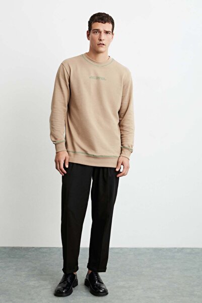 GRIMELANGE Albert Erkek Yuvarlak Yakalı Polarsız Baskılı Ve Kontrast Dikişli Bej Sweatshirt