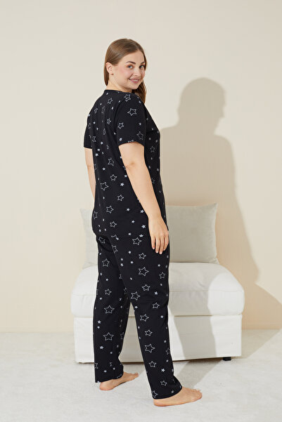 Siyah İnci Plus Size Black Star Patterned Cotton Pajamas Set - Curve Short Sleeve Oversize