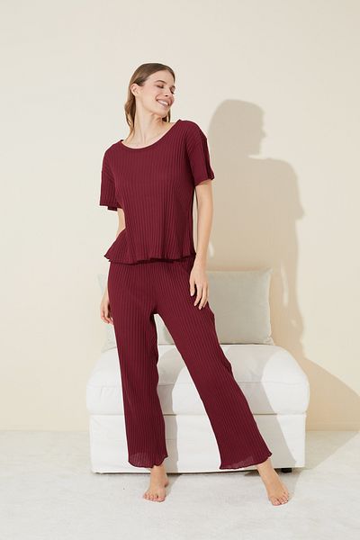 Siyah İnci Burgundy Camisole Cotton Knitted Pajama Set