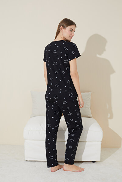 Siyah İnci siyah yıldız desenli Kısa Kollu Pamuklu Pijama Takımı