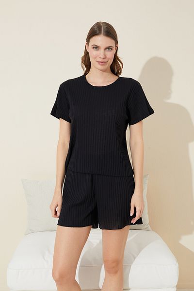 Siyah İnci Black Camisole Cotton Knitted Shorts-Pajamas Set