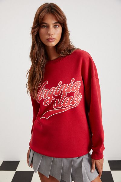 GRIMELANGE Edith Women's Crew Neck Printed Red Sweatshirt with Fleece Inside