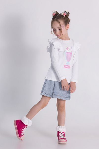 DMB BOYS & GIRLS طقم شورت جينز للفتيات مكون من قطعتين مع تنورة - تنورة شورت جينز، طقم قميص قصير مطبوع مكون من قطعتين
