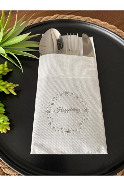 kidspartim منديل ترحيب بإطار نجمة بيضاء مذهبة باللون الفضي مع جيوب 12 قطعة