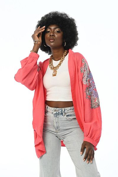 FEMELLE Women's Coral Sequin Sequin Back and Sleeve Embroidery Standard Size Oversize Kimono Jacket