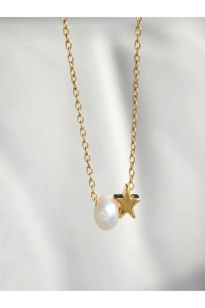 LE&DA Accessory قلادة من الفولاذ المقاوم للتشويه باللون الذهبي مع اللؤلؤ والنجوم
