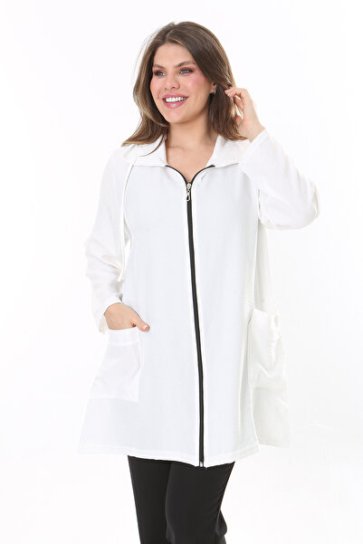 Şans Women's Large Size Bone Linen Woven Front Zipper and Pocket Unlined Jacket 65N37787