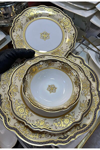 ACAR MACBETH 60 Parça 12 Kişilik Gold Altın Kaplama Porselen Yemek Takımı