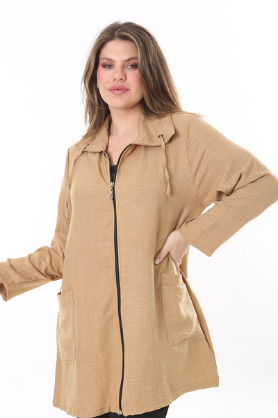 Şans Women's Large Size Camel Linen Woven Front Zipper and Pocket Unlined Jacket 65N37787