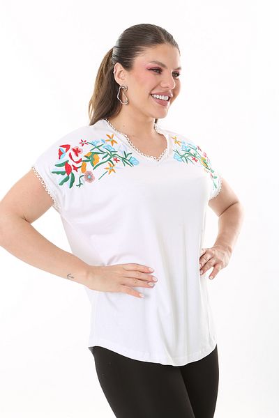 Şans Women's Plus Size White Embroidery Detailed Collar and Sleeve Kopenaki Lace V-Neck Blouse 65N37676