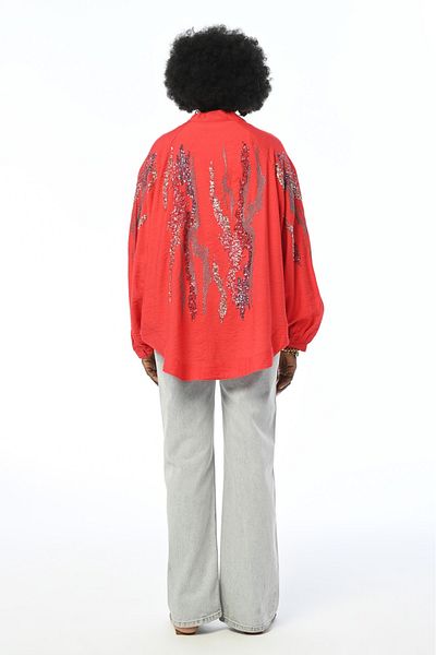 FEMELLE Women's Coral Sequin Sequin Back and Sleeve Embroidery Standard Size Oversize Kimono Jacket