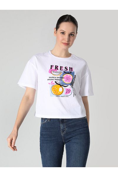 Colin's Tricou alb cu imprimeu cu gât crew pentru femei - Regular Fit, mânecă scurtă Cl 1062549