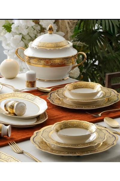 ACAR Elisson 60 Parça 12 Kişilik Gold Altın Kaplama Porselen Yemek Takımı