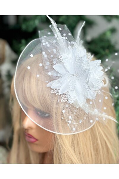 QUEEN AKSESUAR Vintage Design - Floral Print Tulle Cap with Veil for Bride and Wedding, with Collet Cap Clasp - White