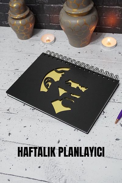 markcat Mustafa Kemal Atatürk Black Wooden Schedule Book - Undate Agenda - Weekly Planner - A5