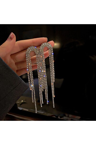 Classy Kristal Taşlı Küpe, Püsküllü Sallantılı Su Yolu Küpe, Abiye Küpe