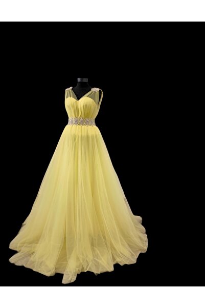 gönül moda Limon Sarı Kristal Boncuk İşlemeli Büstiyerli Abiye Elbise