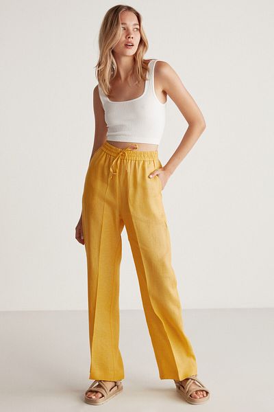 GRIMELANGE Aılna Women - 100% Linen, Relaxed Fit, Elastic Waist Yellow Trousers
