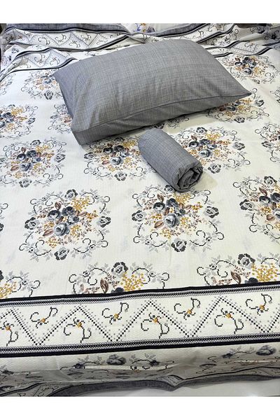 ŞENER HOME Bouquet Patterned Bed Sheet with Elastic Single Pique Set - Gray