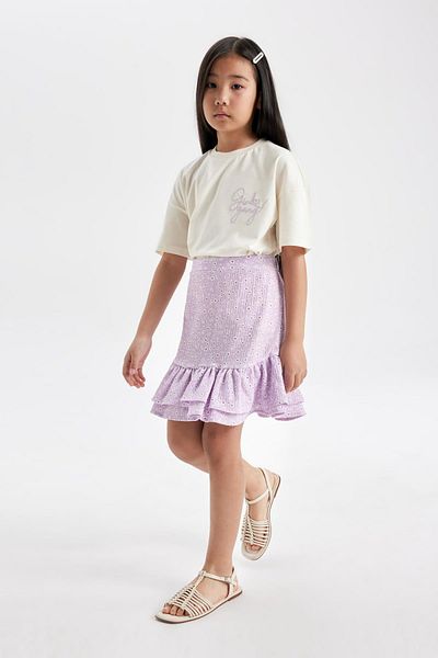 DeFacto Girls' Set of 2 Printed Short Sleeve T-Shirt Skirt C5355A824Hs