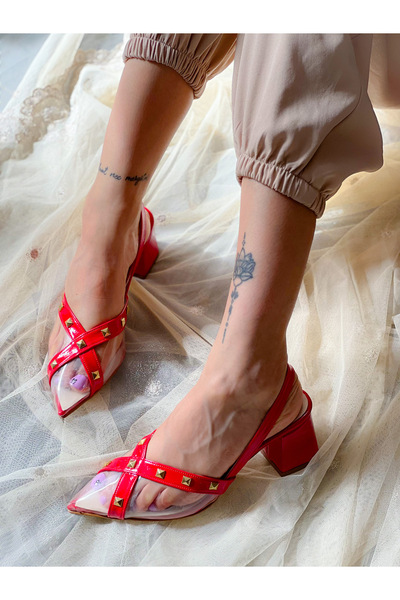 irmona ROMİ KIRMIZI RUGAN SEFFAF DETAYLI SİVRİ BURUN TOPUKLU SANDALET AYAKKABI