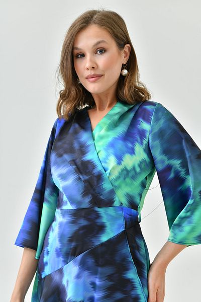 lovebox Printed Satin Fabric Belted Short Bat Sleeve Wrap Cut Double Breasted Collar Satin Evening Dress 24Y2261