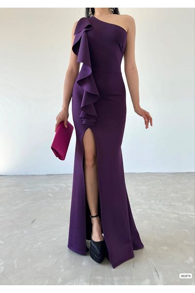 Varyete Flywheel Design Asymmetrical Collar Slit Maxi Length Scuba Fabric Evening Dress Wedding Engagement Promise Graduation