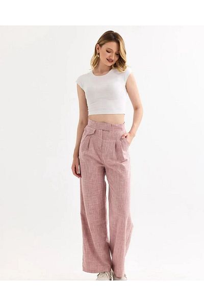 ubmbutik Women's Trousers - High Waist - Linen Fabric - Velcro Palazzo Trousers