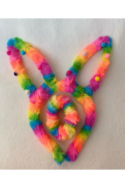 Zehra Aksesuar Rengarenk gökkuşağı peluş ponponlu tavşan kulak taç ve lastikl...