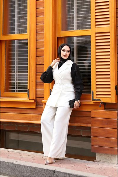 Tesettür Diyarı Γιλέκο Crepe Double Set (Μέγεθος γιλέκου: 75 Μήκος παντελονιού: 105 cm) - Λευκό