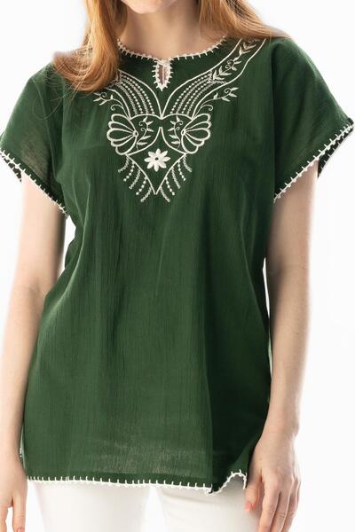 Eliş Şile Bezi Short Sleeve Sile Cloth Naz Summer Blouse Green Ysl
