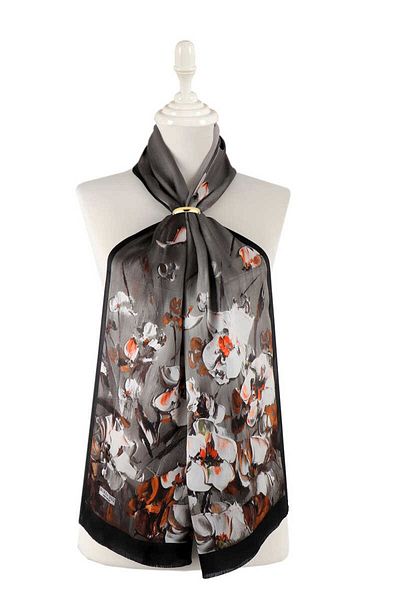 Bursa İpek Black Anemone Pattern Silk Scarf