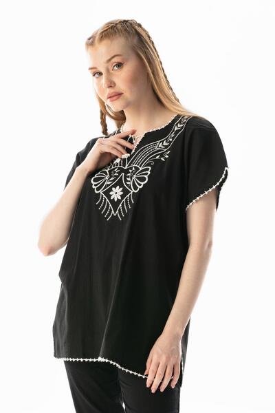 Eliş Şile Bezi Short Sleeve Şile Cloth Naz Summer Blouse Black Syh