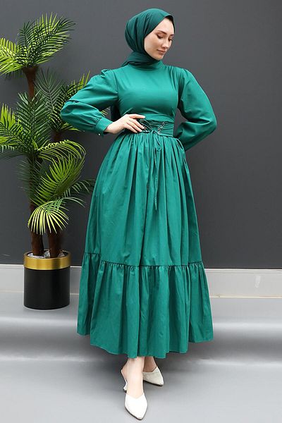 GİZ AGİYİM Waist Detail Hijab Dress Emerald
