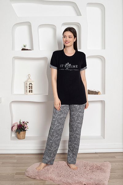 KAPİTEX Set de pijamale de culoare neagră cu mâneci scurte și decolteu