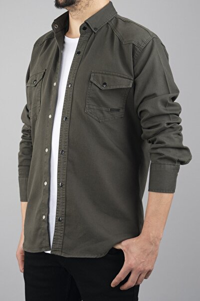 YXC Slim Fit Slim Cut Men's Denim Shirt Khaki