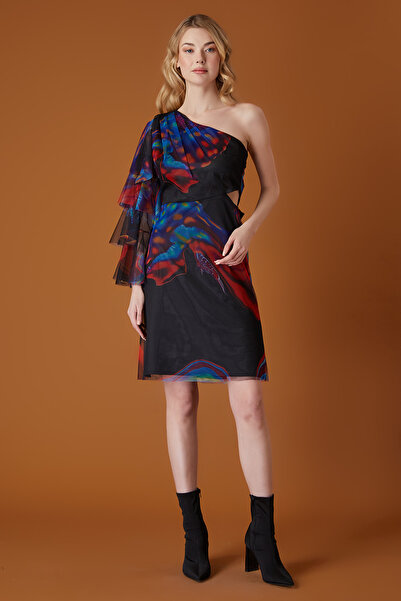 FEVER Tek omuzlu mini tül elbise