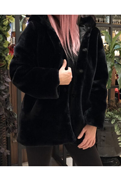 Benedetto Kadın Kapüşonlu Çıtçıtlı Peluş Mont Siyah, Peluş Kaban