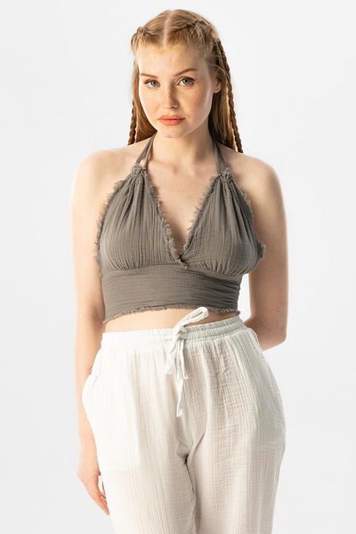 Eliş Şile Bezi Summer Muslin Bustier with Genuine Tie Detail Gray Gray